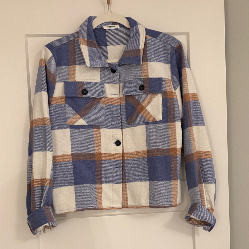Zeagoo Blue and Brown Plaid Utility Jacket